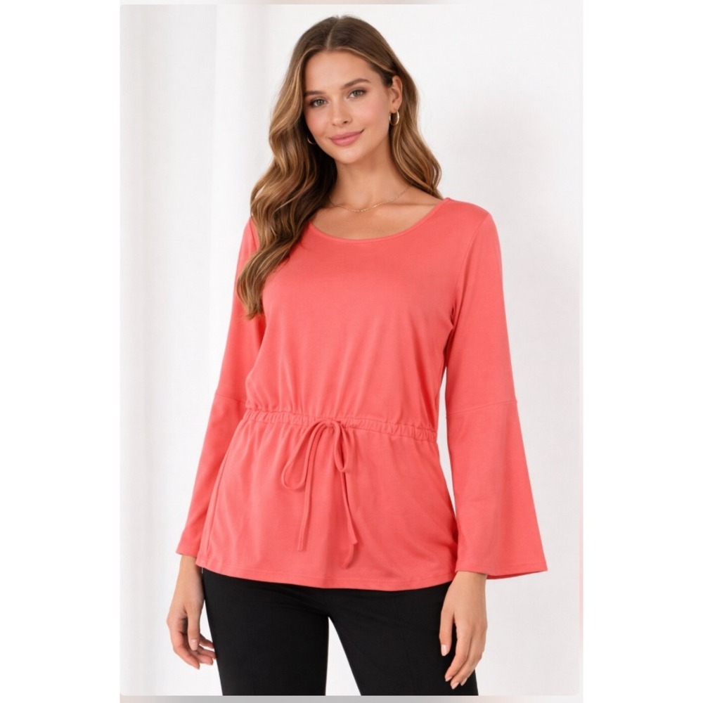 Ann Taylor Factory Coral‎ Pink Bell Sleeve Peplum Top Drawstring Waist Mens M